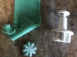 Green gum paste rolled out with a flower plunger cutter for carrot tops.