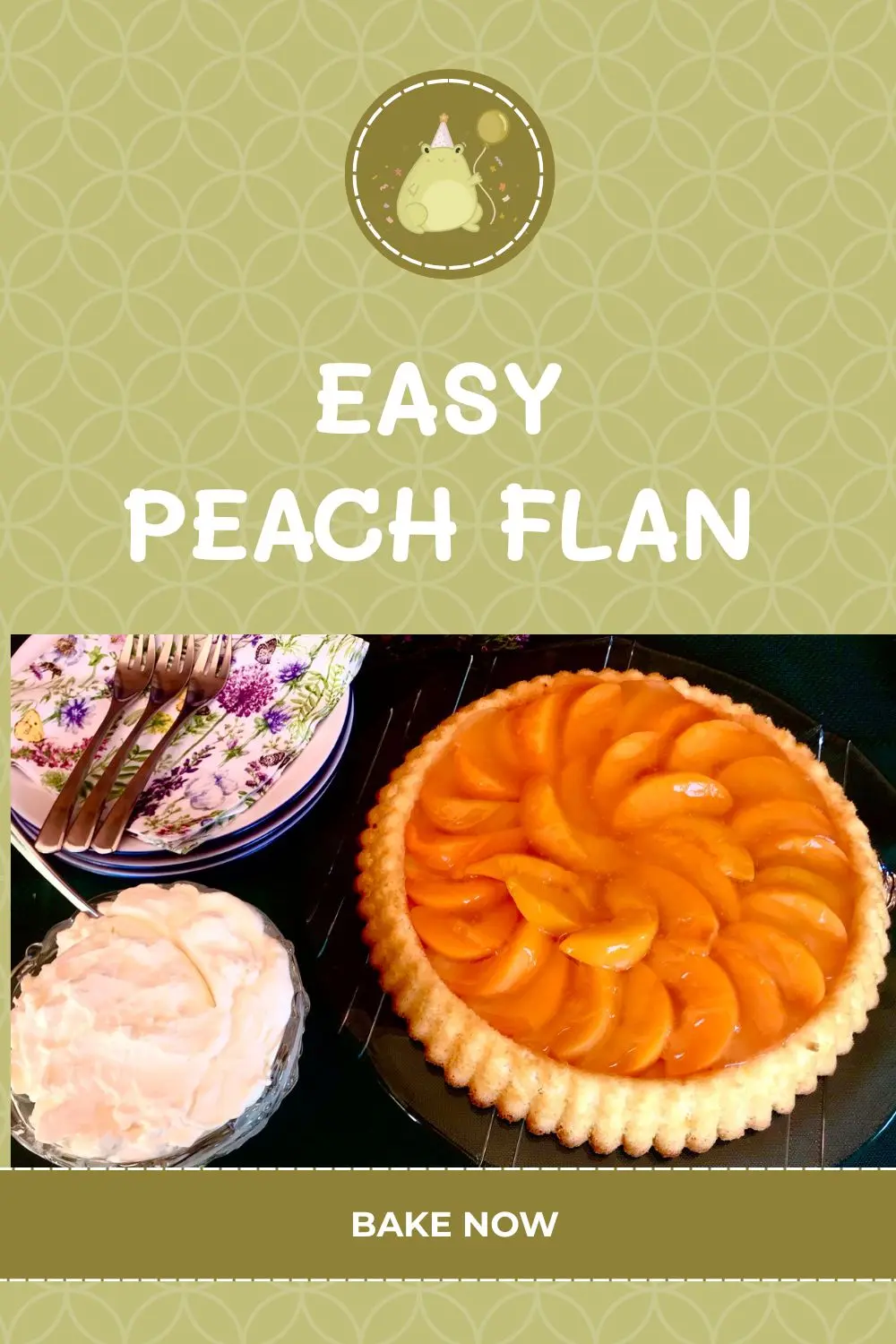 Easy homemade peach flan with canned peach slices, clear glaze, and whipped cream.