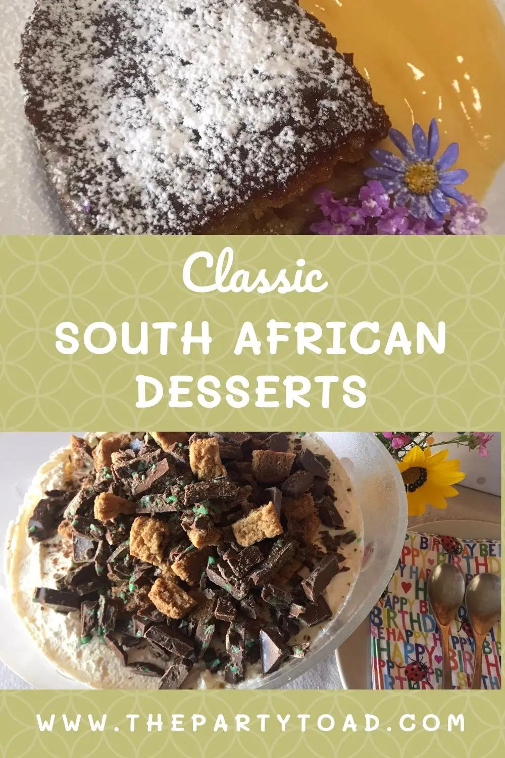 Two traditional South African desserts including soft sticky malva pudding and creamy peppermint crisp pudding
