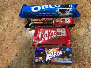 Oreo, KitKat Bar one and Astros used as toppings for brownies
