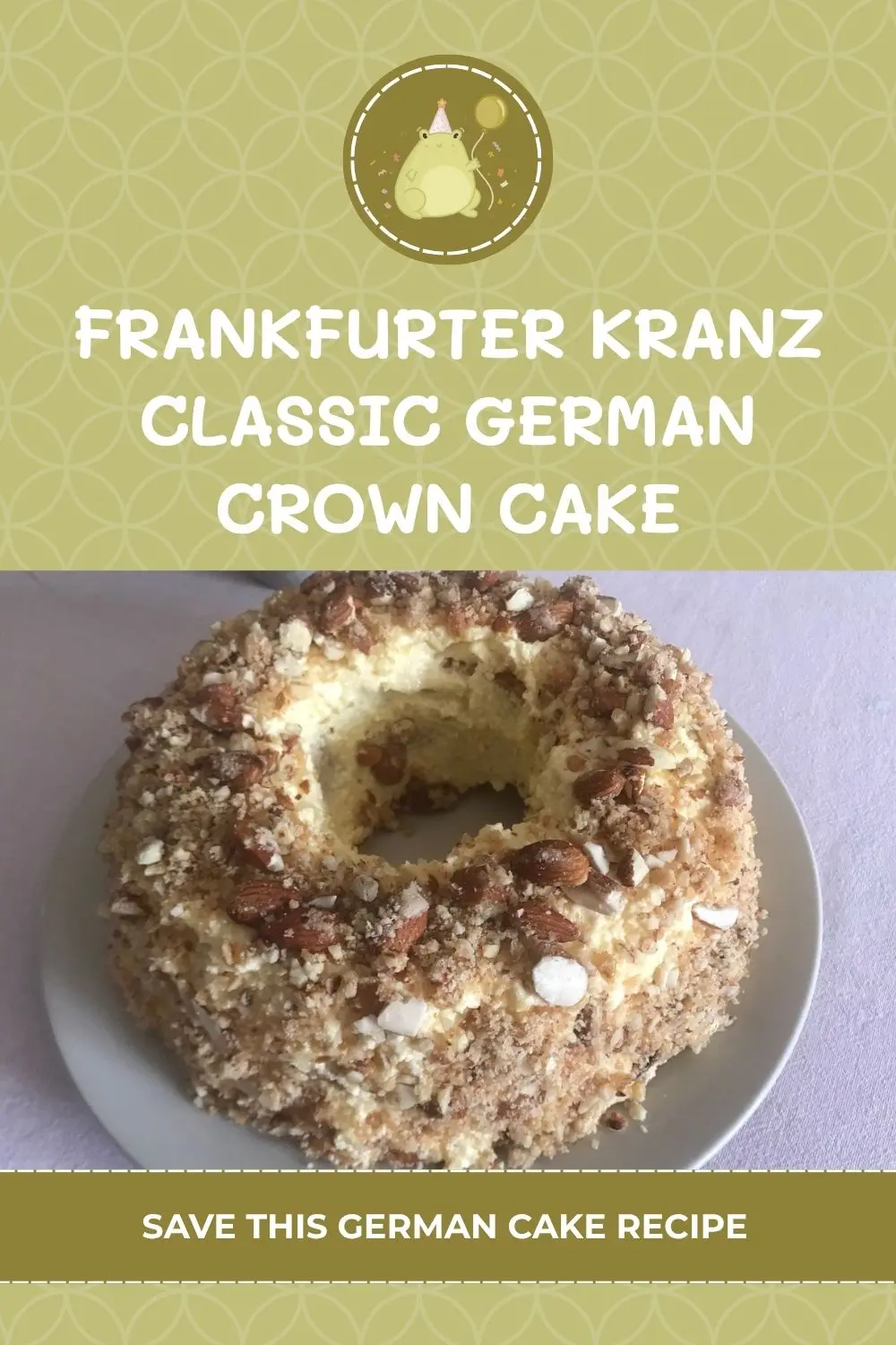 Finished Frankfurter Kranz cake coated with buttercream and topped with almond brittle