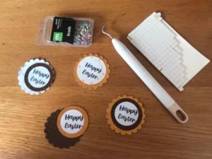 Round scalloped “Happy Easter” tags and craft supplies