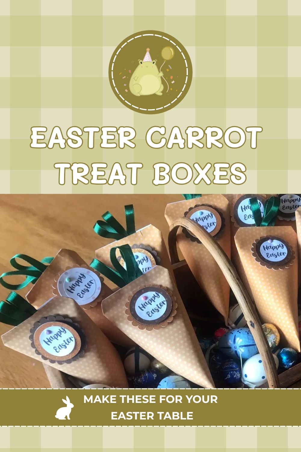 Handmade Easter carrot favour pouches filled with sweets, displayed in a wooden tray with decorative and chocolate eggs.