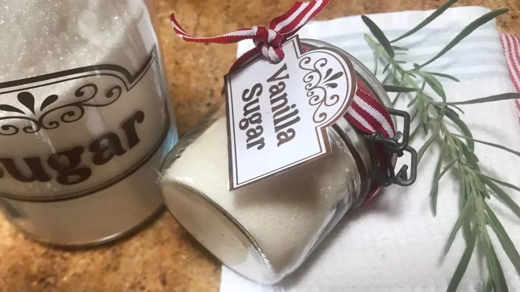 A glass jar of homemade vanilla sugar with a decorative label and red ribbon, placed on a white towel next to a sprig of thyme with a larger sugar container in the background.