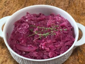 Traditional German red cabbage (Rotkohl) served in a white bowl