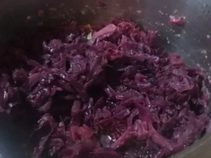 Cooked German red cabbage (Rotkohl) in a pot