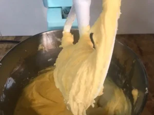 Ottilienkuchen batter after adding flour, cornflour and baking powder one tablespoon at a time