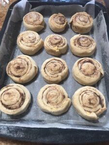 Unbaked cinnamon rolls in a baking tray before their second rise, tightly coiled with visible butter and cinnamon-sugar filling.