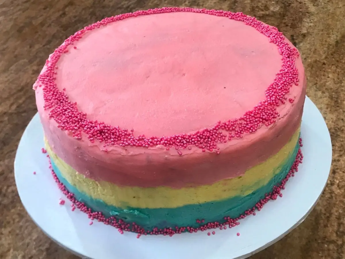 Colourful chocolate birthday cake with rainbow buttercream layers