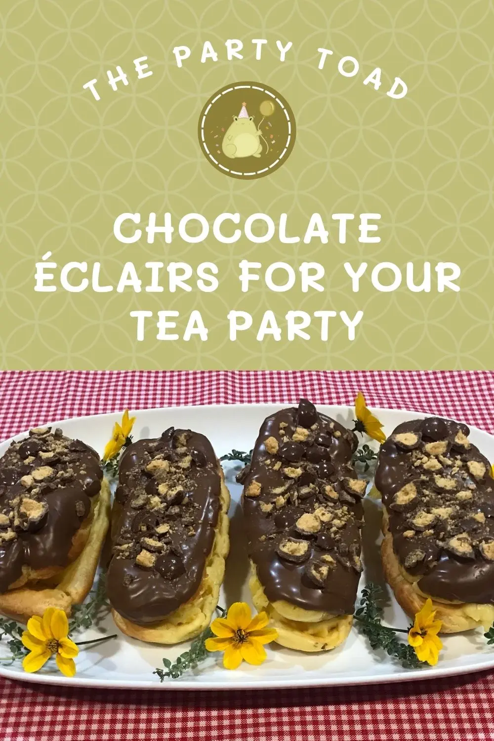 Homemade chocolate éclairs filled with vanilla pastry cream, topped with glossy chocolate and crushed Chuckles/Maltesers served on a white platter with yellow flowers.