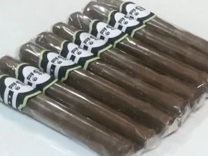 Chocolate cigar party favours wrapped and labelled, arranged in a neat bundle