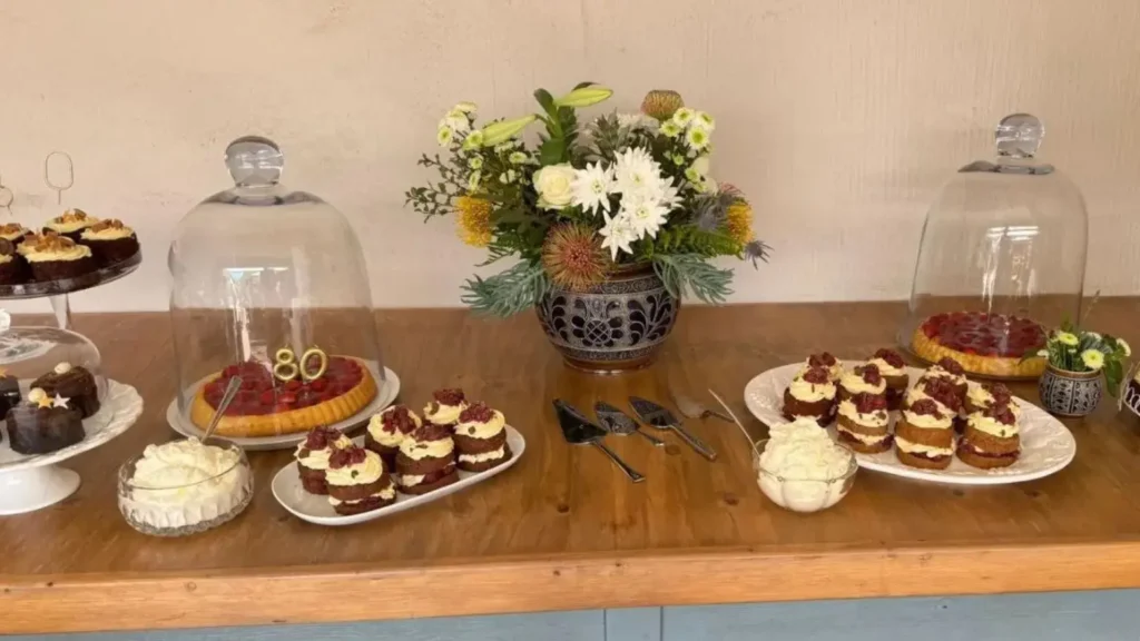 Table with cakes for afternoon tea.