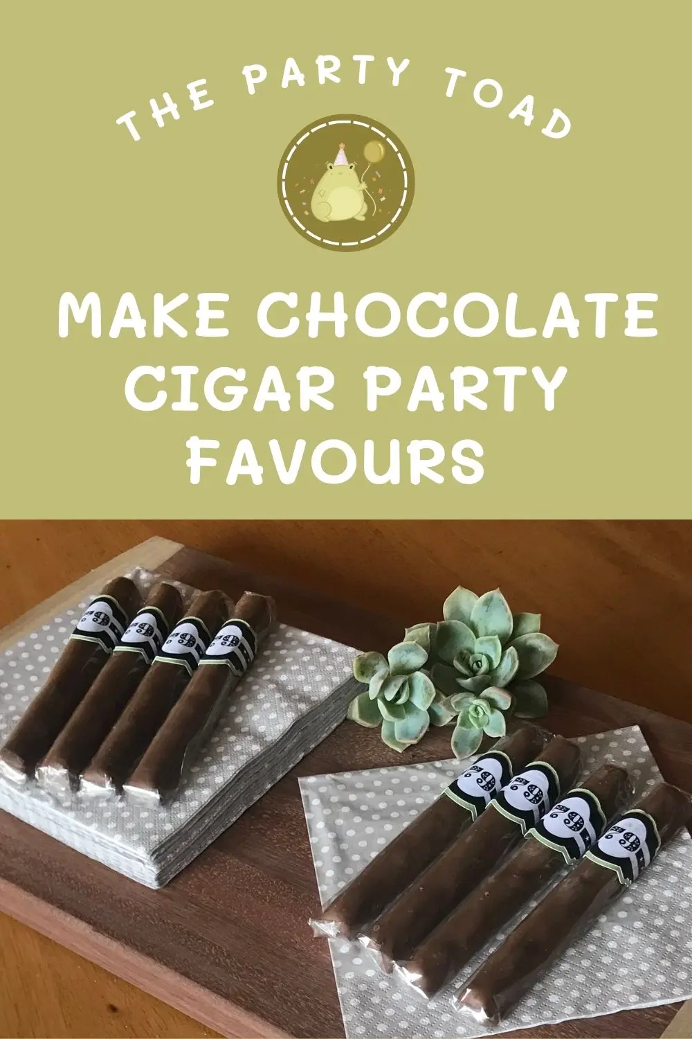 Chocolate cigar party favours displayed on beige polka dot napkins for a grown-up celebration