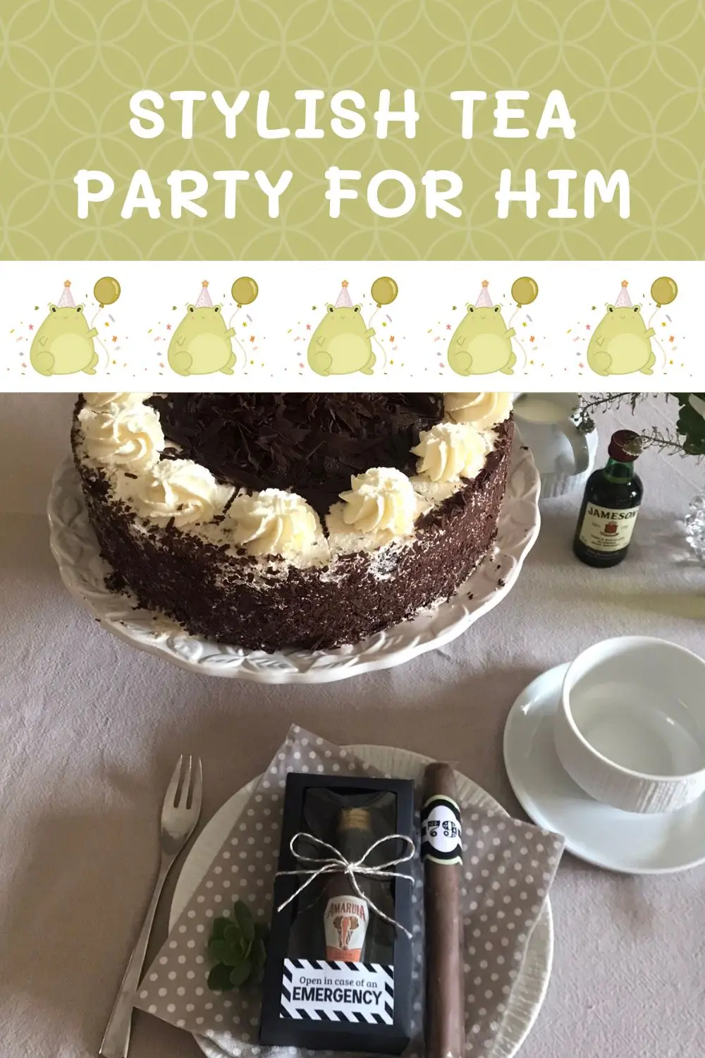 Black Forest cake with cream swirls and an “In Case of Emergency” mini alcohol party favour on a polka dot napkin.