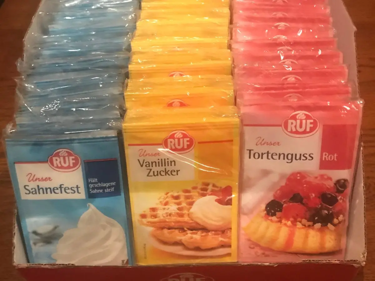 Three Ruf baking products: Sahne Fest, Tortenguss, and vanilla sugar