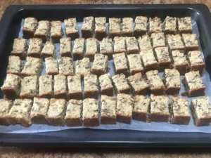 Buttermilk bran rusks sliced and arranged for drying