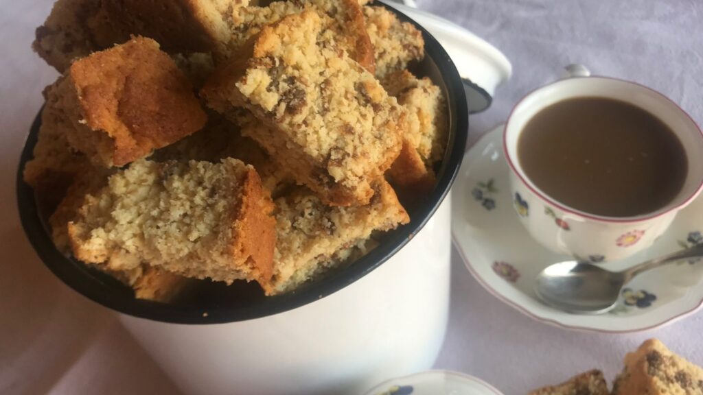 Homemade buttermilk bran rusks in a white container
