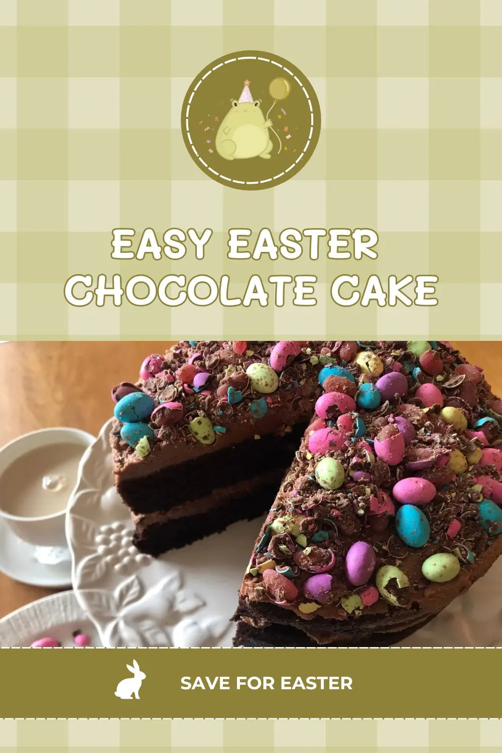 Decorated Easter Chocolate Cake topped with mini eggs.