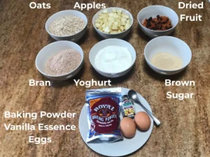 Ingredients for oats and apple breakfast cake recipe