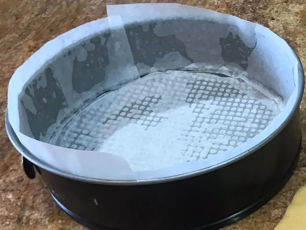 Dr Oetker Spinform tin lined with baking paper for German Baked Cheesecake