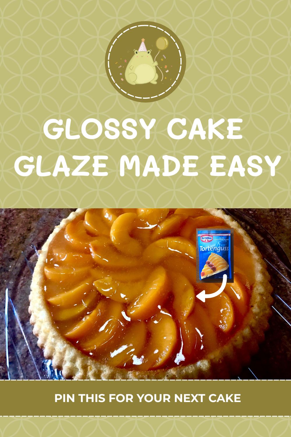 Homemade peach flan topped with glossy peach slices and a shiny clear glaze (Tortenguss)