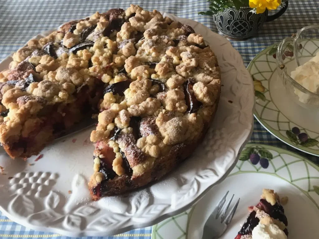 German plum cake with streusel topping dusted with powdered sugar