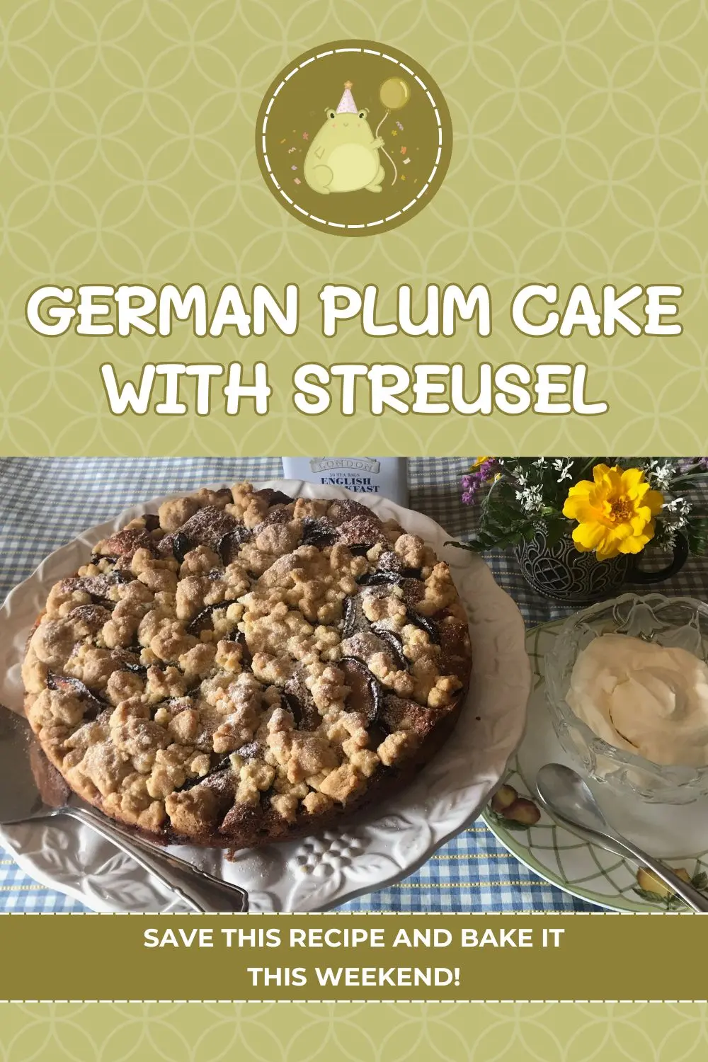 German plum cake with streusel topping dusted with powdered sugar