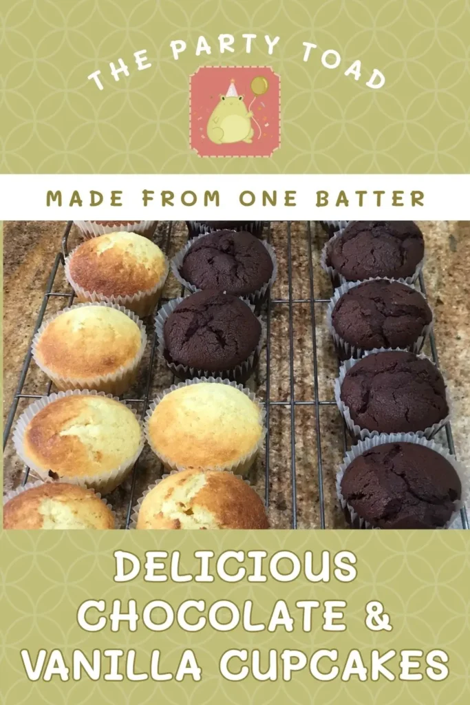 Step-by-step photos showing flour being weighed, cupcake batter being mixed, liners being filled, and chocolate and vanilla cupcakes cooling after baking.